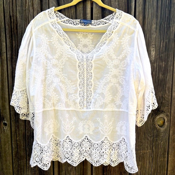 Democracy White Lace Blouse 100% Cotton size XL - Picture 1 of 11